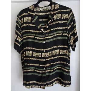 Vintage Riva Blouse Womens S Black Striped Silk Short Sleeve Top Shirt